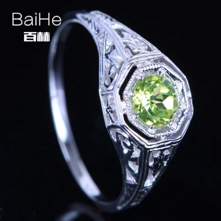 BAIHE Solid 14 К из белого золота(AU585) 0.92CT Сертифицированный Зеленый/Flawless круглый натуральная Перидот Свадьба Для женщин Повседневное/Спортивная кольцо