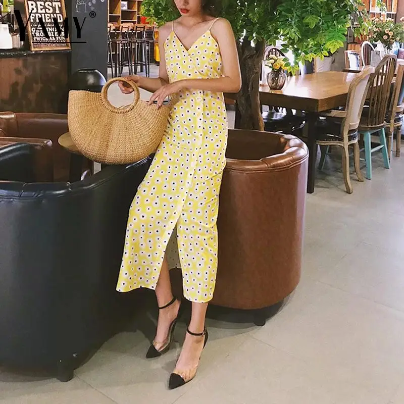 

2019 Summer elegant floral long dress women back Elastic sleeveless button Party dress sexy v neck dress korean clothes vestidos