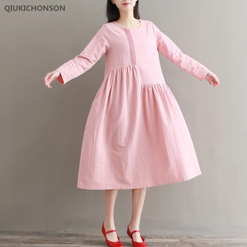

Qiukichonson Spring Women Vintage Dress Loose O-Neck Jacquard Pockets Long Sleeve Cotton Linen Dress Long Pleated Dress