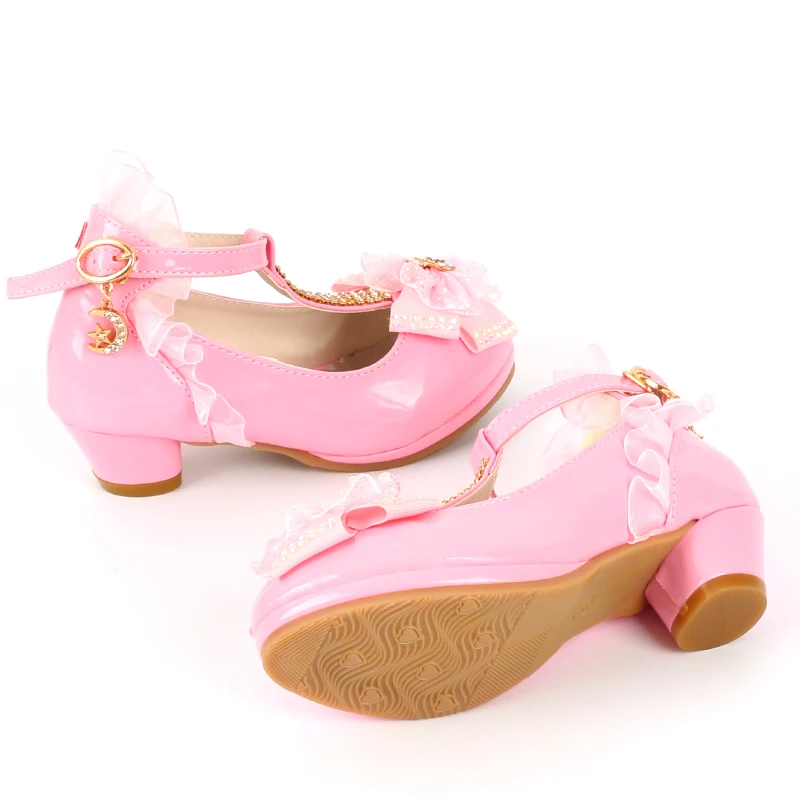 ULKNN/сандалии для девочек на высоком каблуке; розовые кожаные сандалии-гладиаторы с пряжкой на ремешке; белые туфли с бантом; мягкая детская обувь; Размеры 26-37; enfant