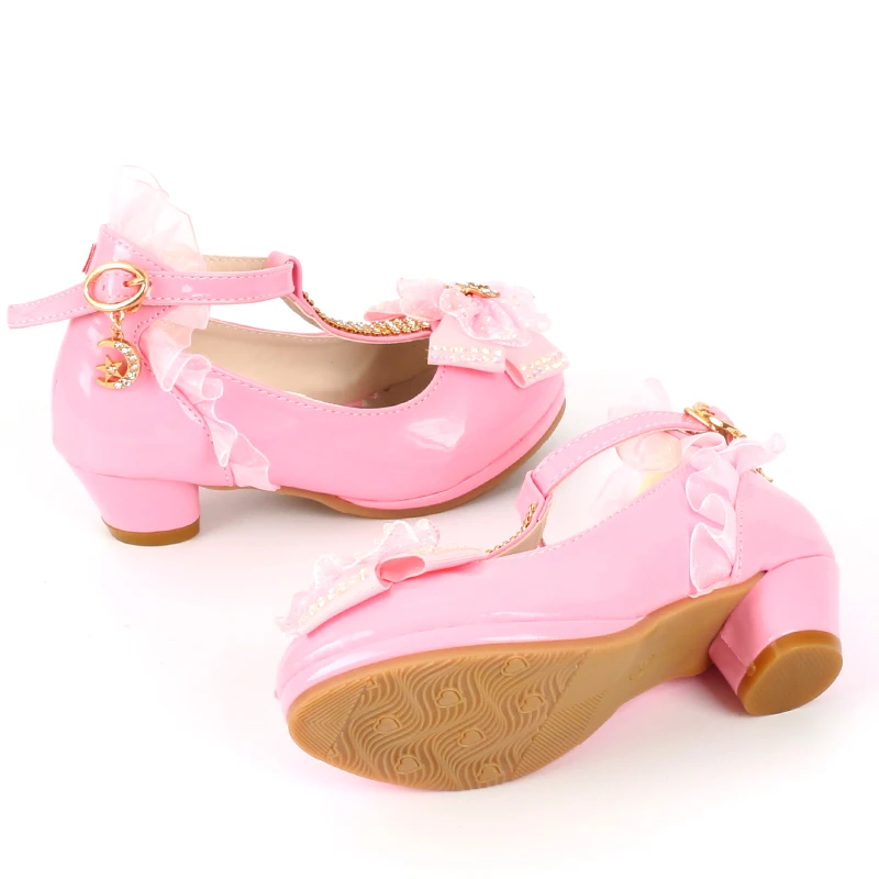 ULKNN Girls Sandals high heel pink leather Buckle Strap children's Gladiator Bowtie White Shoes size 26-37 soft Kid shoes enfant