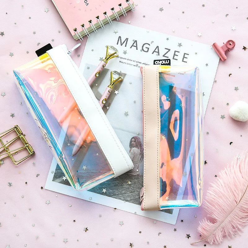 

summer cool laser transparent material stitching pencil bag pencil pouch Creative Cosmetic pencil bag school office supplies