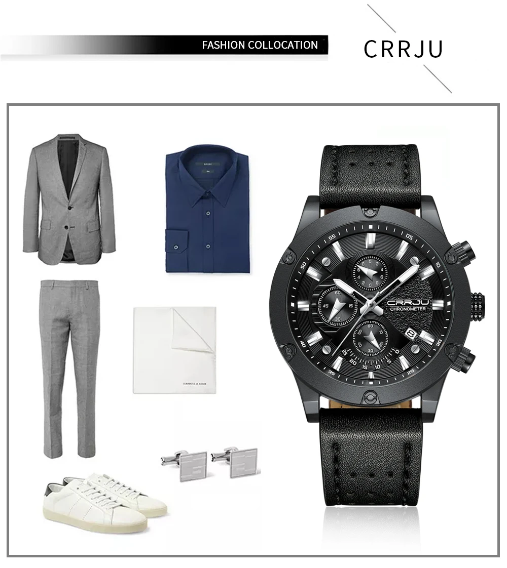 Мужские модные кварцевые часы с кожаным ремешком хронограф мужские водонепроницаемые спортивные наручные часы для активного образа жизни CRRJU роскошные часы