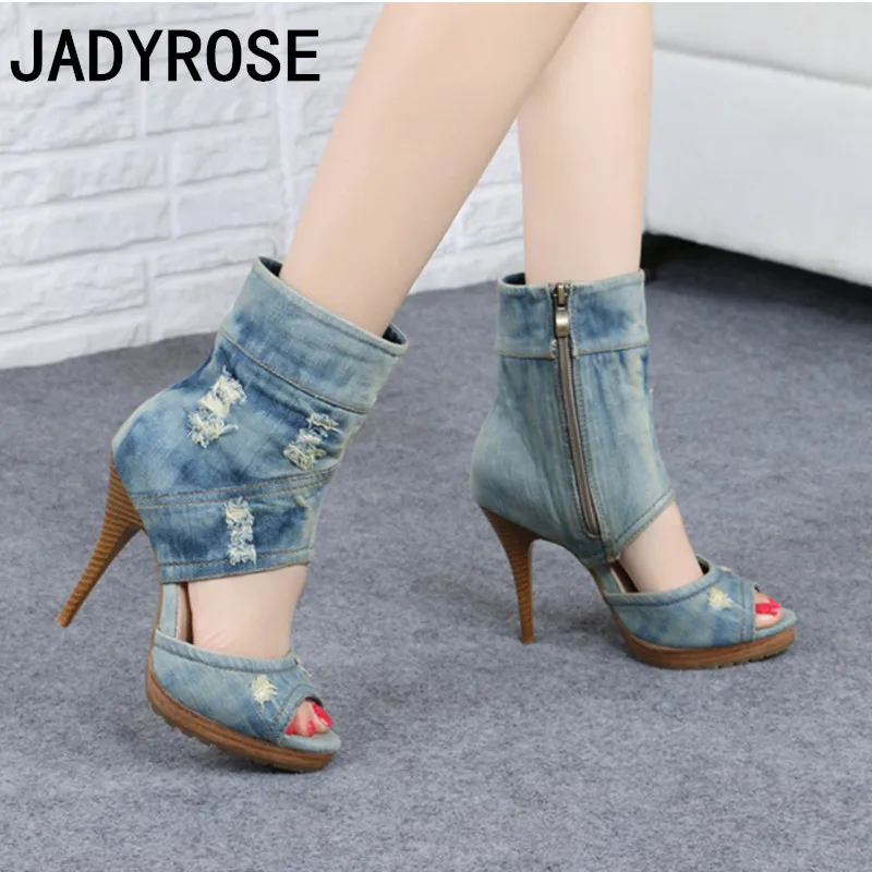 

Fashion Designer Women Open Toe Boots Blue Denim Autumn Bottine Femme Shoes Woman Sexy Cut Out High Heels Zapatos Mujer Booties