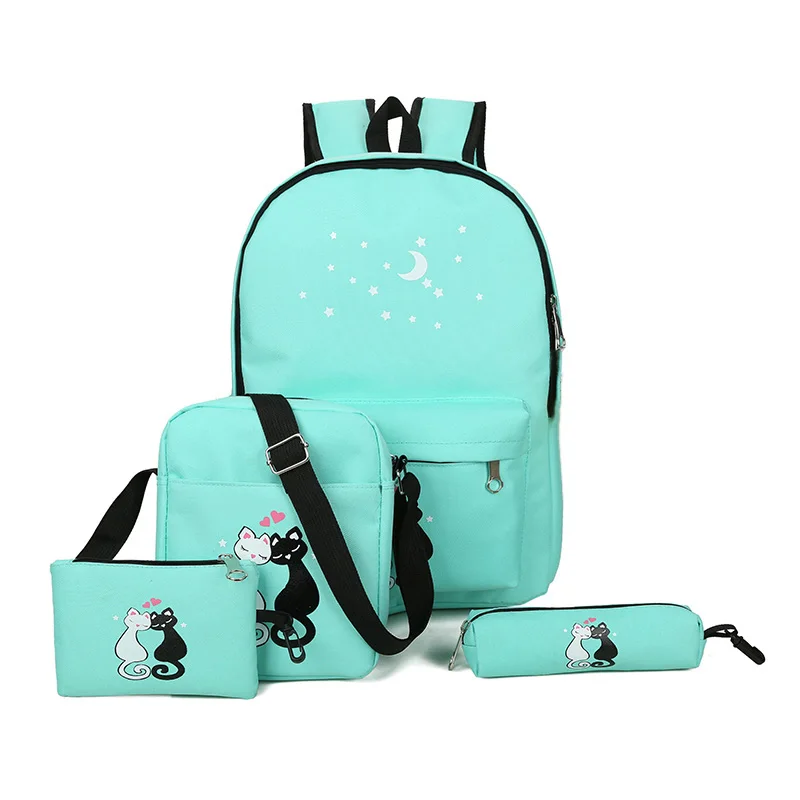 

4 Pcs Teenager Cute Cat Print Backpack Bag Set Unisex School Rucksack Shoulder Bags Pencil Case Sets LT88