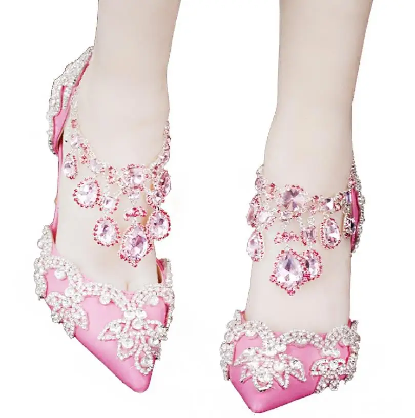 Collier Chaussures 2019 Mariage Mince Rose Nouvelle Cheville en Et Automne Avec Printemps De Pointu Strass un Tout Mode Cristal awqH6EBn