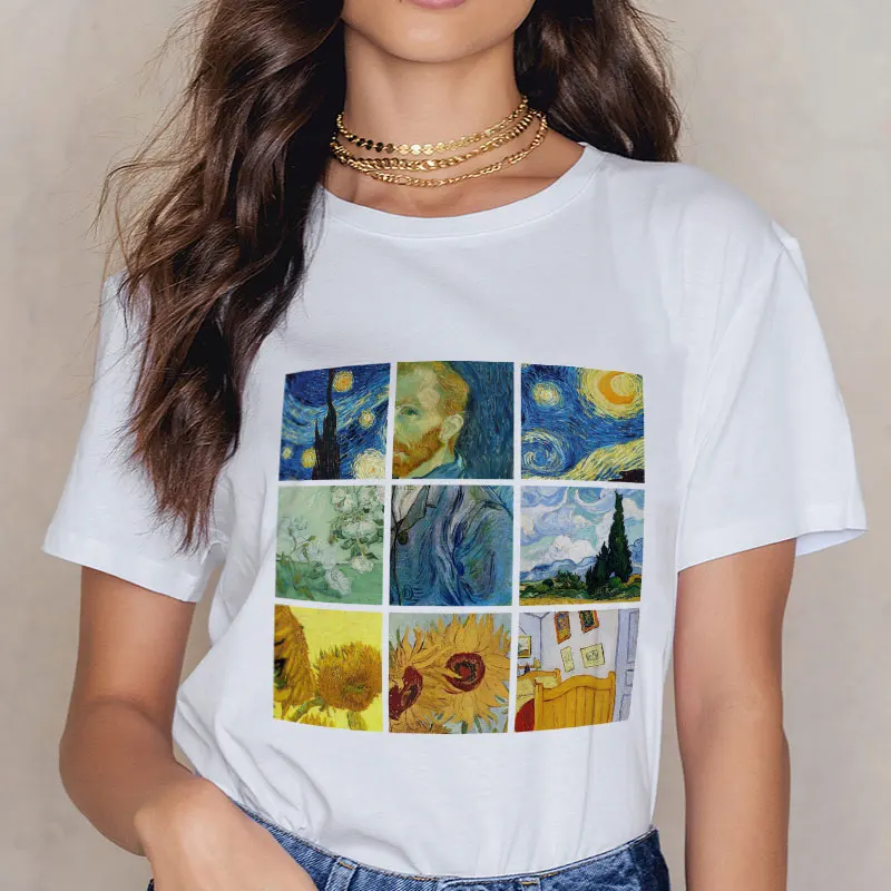 2018 Harajuku Summer Autumn Tops Van Gogh Art Oil Painting Lattice Print Casual T Shirts White O-Neck Streetwear Tshirts Clothes Tops