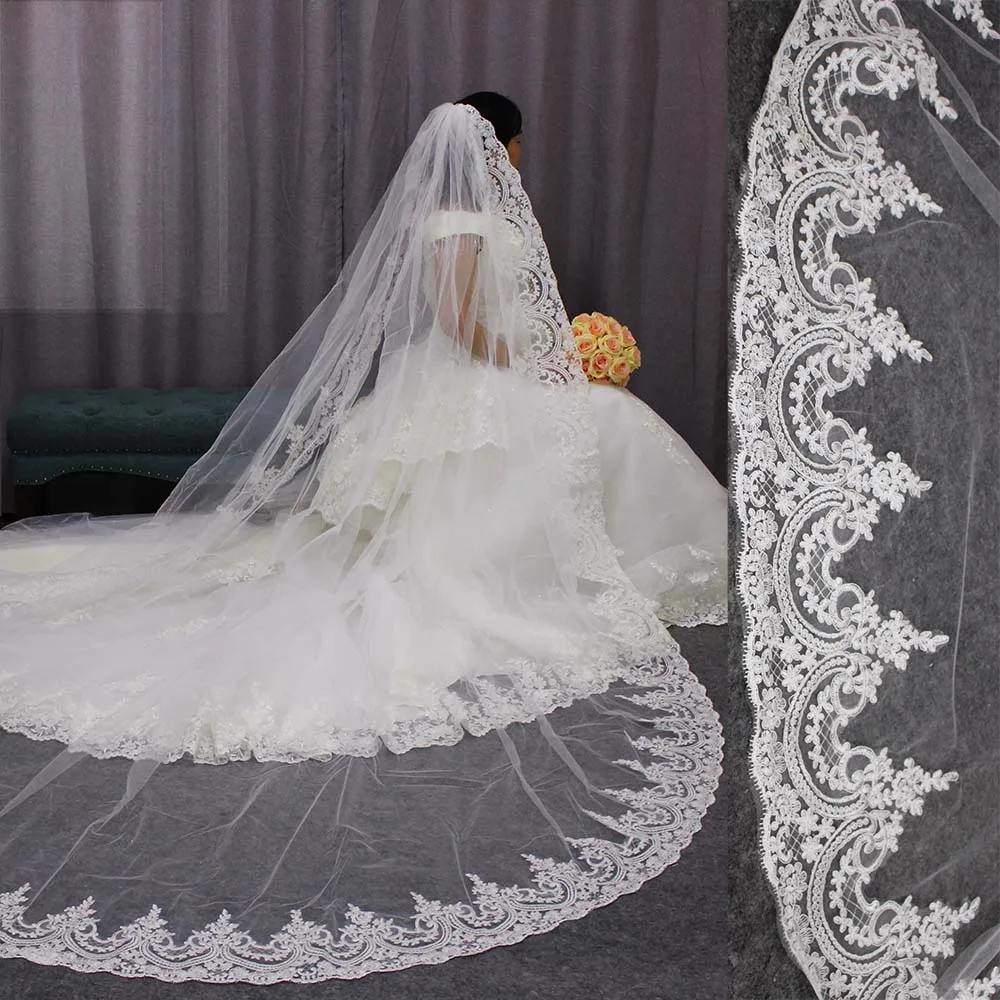 

High Quality Neat Lace Edge Long Wedding Veil Customized Cathedral One Layer Bridal Veil with Comb Welon 2019