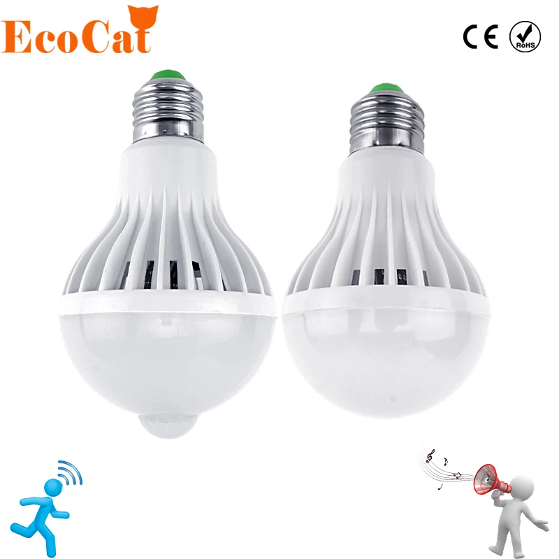 Светодиодный лампа движения Сенсор лампы 220 V E27 светодиодный свет 3 W 5 W 7 W 9 W 12 W звук + свет Авто Смарт светодиодный инфракрасная лампа