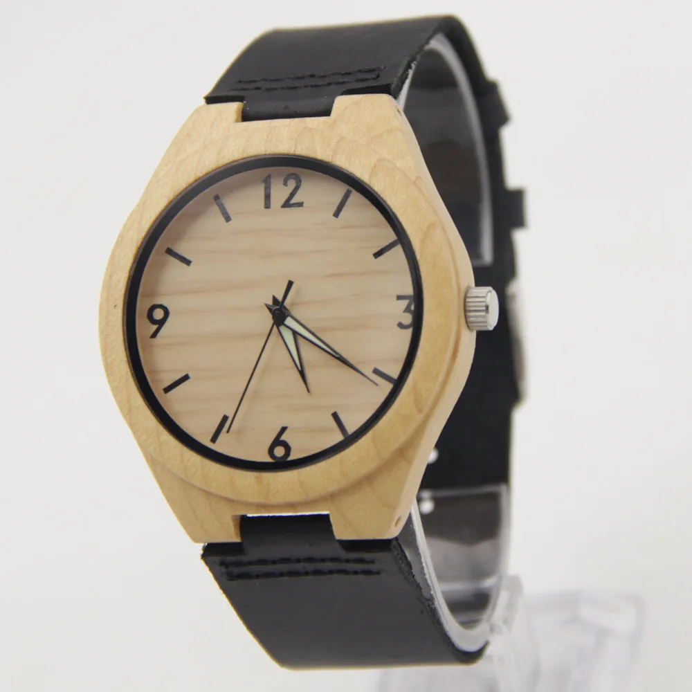  New Arrival Hot Marketing 2015 Fashion Men Leather Bamboo Wooden Quartz Watches  Christmas Gift for Husband Import Japenese Qua