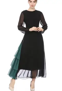 

Free Shipping High Quality 2018 New Arrival Muslim Style Round Collar Color Block Ruffles Woman Long Chiffon Dress