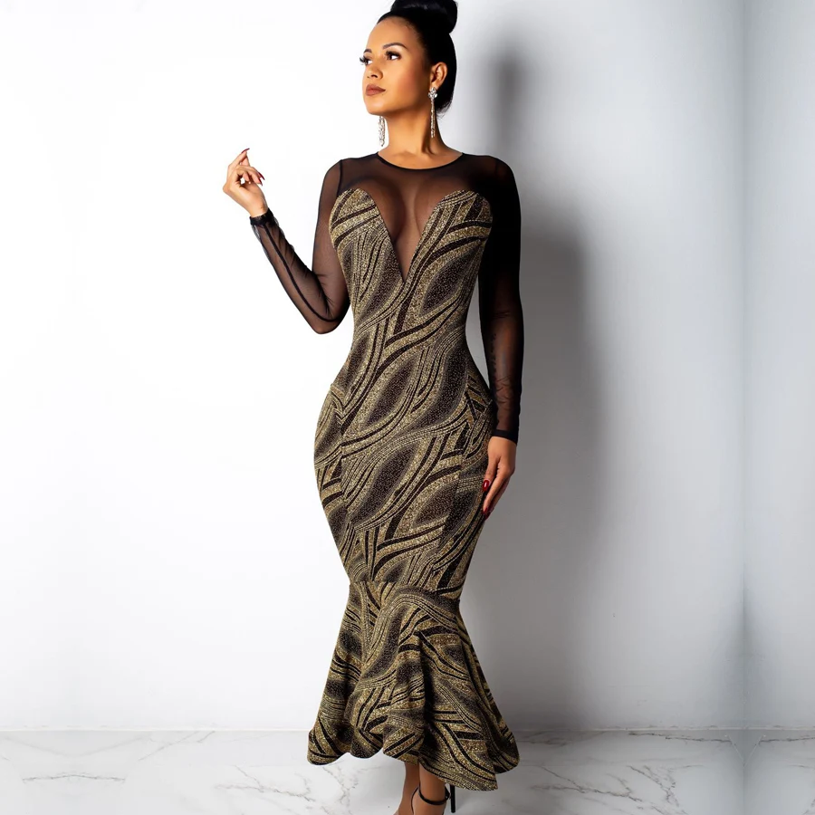 

Office Lady Vestidos O-Neck Mermaid nightclub Gowns 2019 new Long Sleeves Appliqued Party Gowns evening Party dresses robe femme