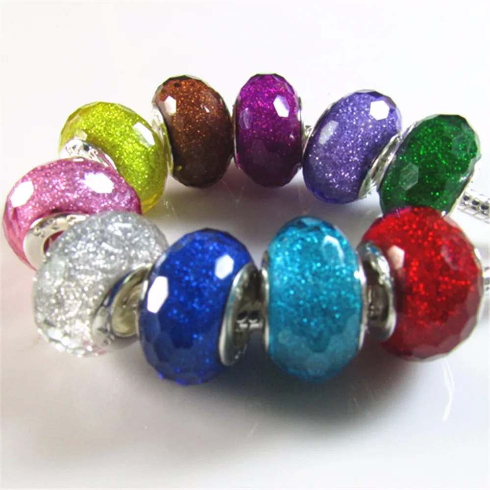 Hot Sell 30pcs/lot Gold Dust Core Murano Acrylic Lampwork Faceted Vivid Big Hole Charm Beads for European Charm Bracelet