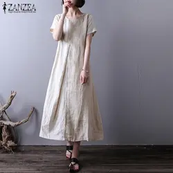 S 5XL ZANZEA Лето 2019 г. короткий рукав Vestido для женщин Повседневное элегантный O средства ухода за кожей Шеи Полосатый Лоскутная Свободные офисные