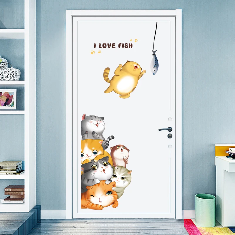 Скандинавские ins украшения дома настенные наклейки для детского сада дверь детской комнаты наклейки мультфильм милый кот рыба спальня шкаф стикер