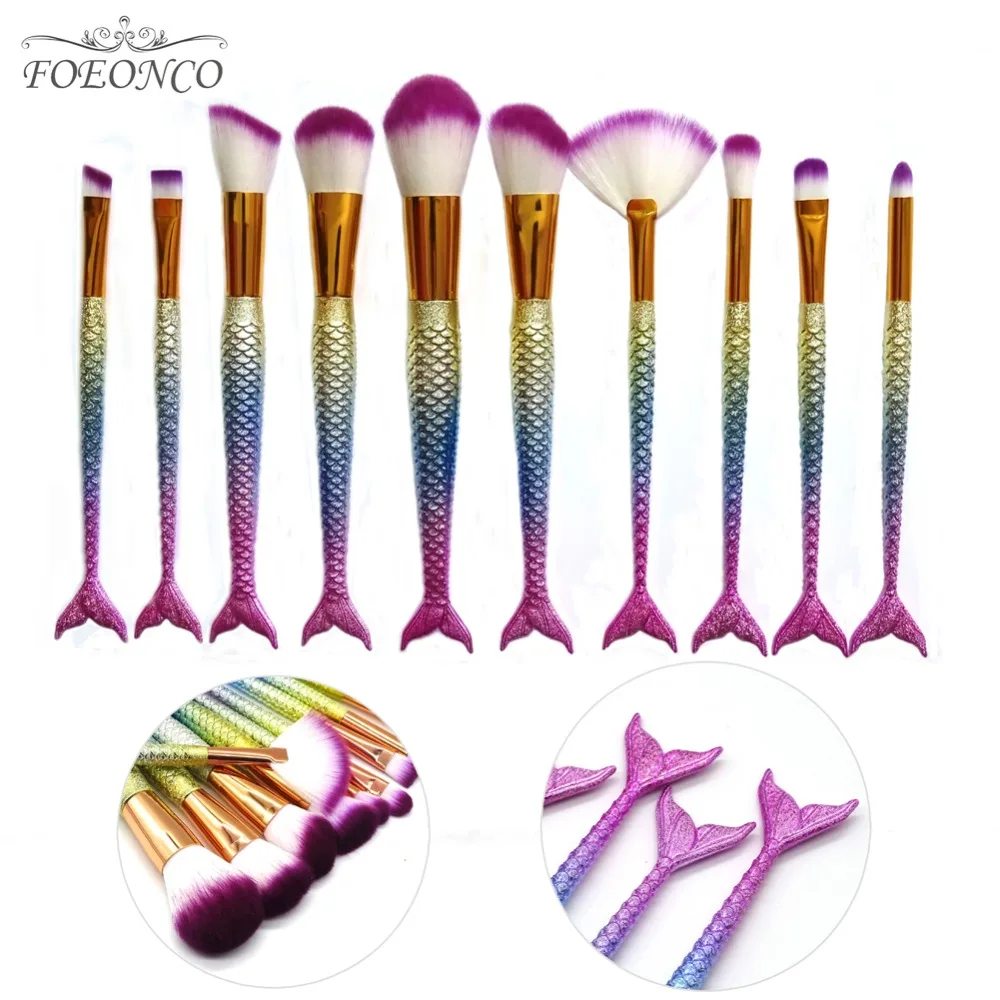 

10PCS Mermaid Shape Makeup Brush Fish Scale Foundation Powder Eyeshadow Unicorn Makeup Brushes Contour Blending Cosmetic Brushes