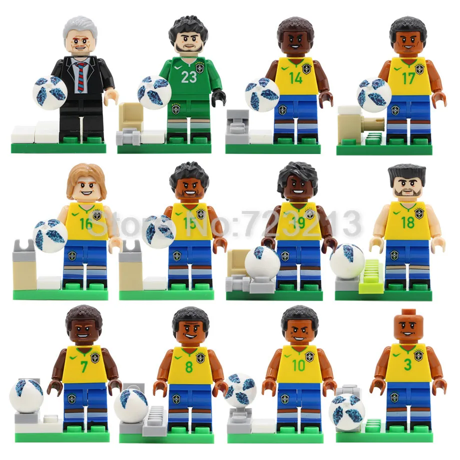 12pcs 2018 Brazil NATIONAL Football Player Team Figure Set Sport Coach with Goal Building Blocks Set Model Bricks Kits Toys