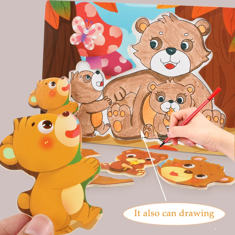 Montessori Educational Wooden Toys for Children Early Learning Puzzles Kids Intelligence Animal Shapes Matching and Drawing