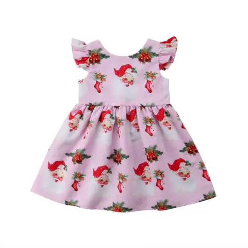 

Toddler Baby Girl Princess Fly Sleeve Santa Print Christmas Party Pageant Dresses Size 1-5T