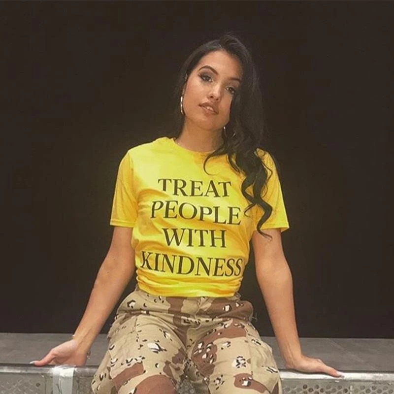 

Treat People with Kindness T-Shirt Women T Shirt Femme Fashion Letter Printed Yellow Tee Feminist Tumblr Graphic Tees Tops