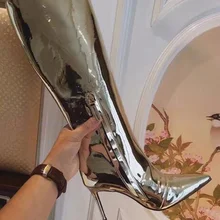 Модные туфли на высоком каблуке из зеркальной кожи; женские пикантные Ботинки martin; серебристая обувь для ночного клуба; женские короткие ботинки
