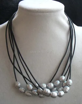 

WOW! 5strands freshwater pearl gray 9-13mm egg & black line 18" necklace nature beads FPPJ