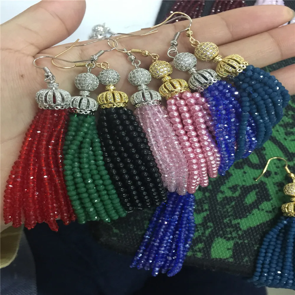 

Female Designer Dangle Tassel Earrings Bohemian Pearl Glass Crystal Beads Tassel Zircon Balls Hook Earrings