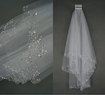 

2-layer fingertip length handmade beaded sequins bridal veil white ivory wedding veil comb