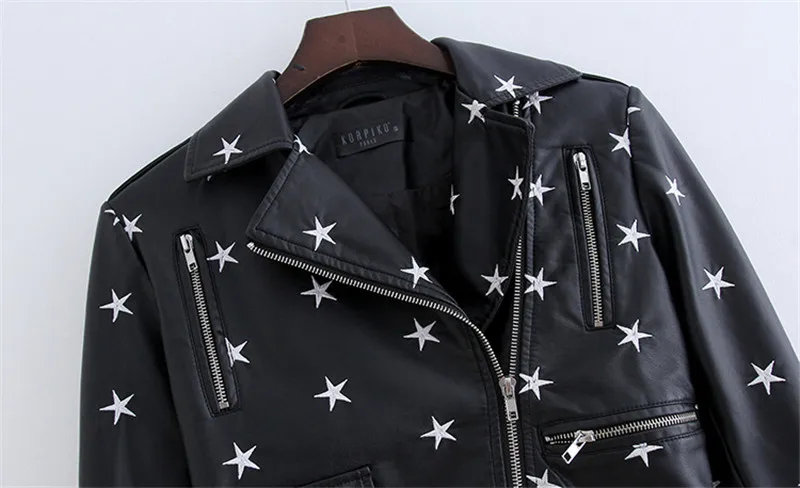 NXH Street Fashion PU Leather Jacket New Womens Star Embroidery Casual Motorcycle Jackets bright streetwear clothes women