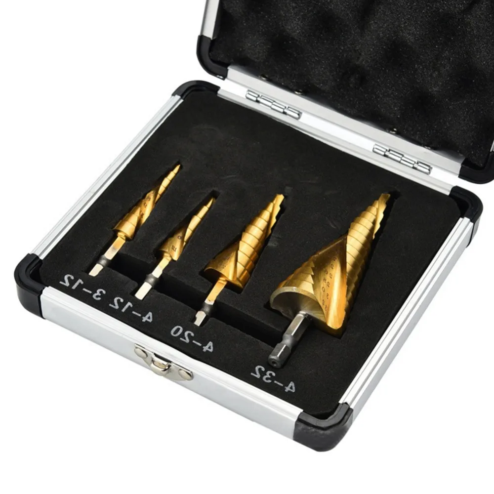 

4pcs/set HSS Spiral Grooved center drill bit with case 3-12mm 4-12/20/32mm Metal Titanium Coated Step Cone Drill Bit Hole Cutter