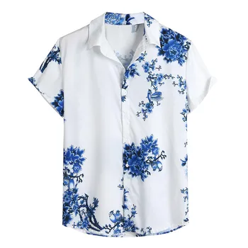 

2019 hawaiian shirt Mens Loose Lump Chest Print Short Sleeve Turn-down Collar Round Hem Shirts M-3XL Printed Beach Shirts