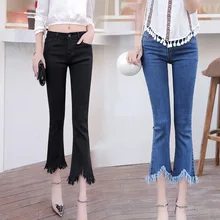 До середины икры Ленточки Flare Для женщин обтягивающие джинсы джинсовые брюки Повседневное эластичные джинсовые штаны середины талии осень Для женщин Мода