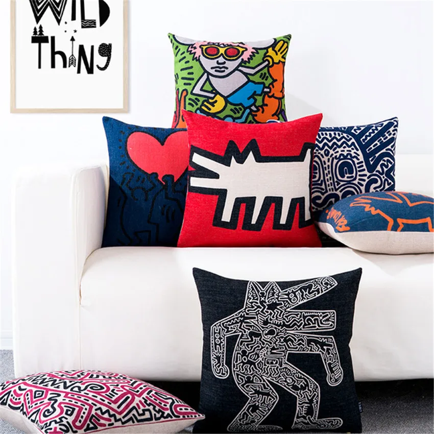 

Decorative Throw Pillow Case Keith Haring Graffiti Cotton Linen Cushion Cover For Sofa Home Car Capa De Almofadas 45x45cm