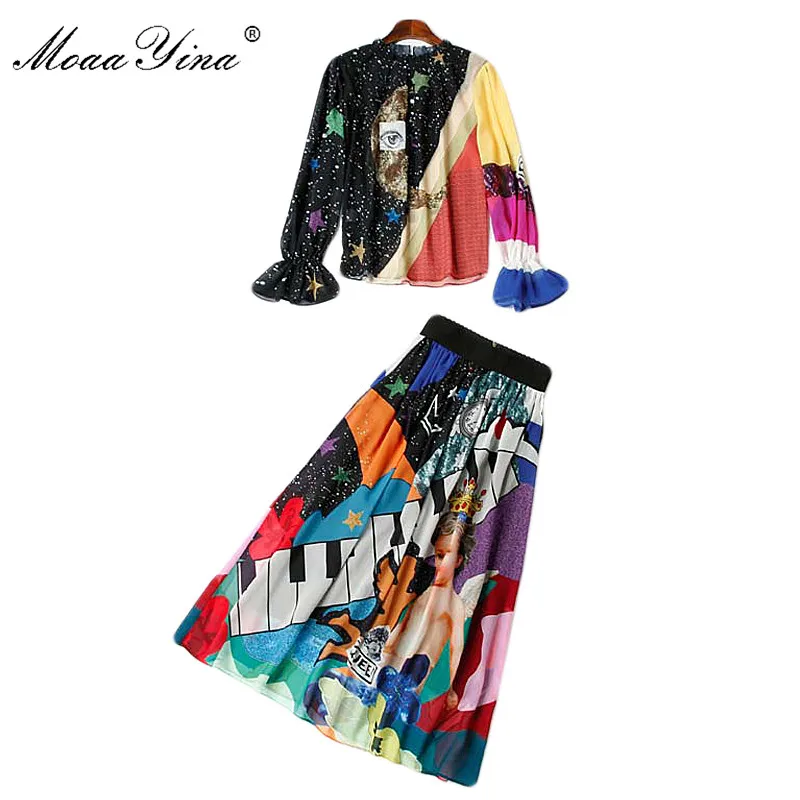 

MoaaYina Fashion Designer Set Spring Women's lantern Sleeve Starry sky Cartoon Print Chiffon Blouse+Midi Skirt Two-piece suit