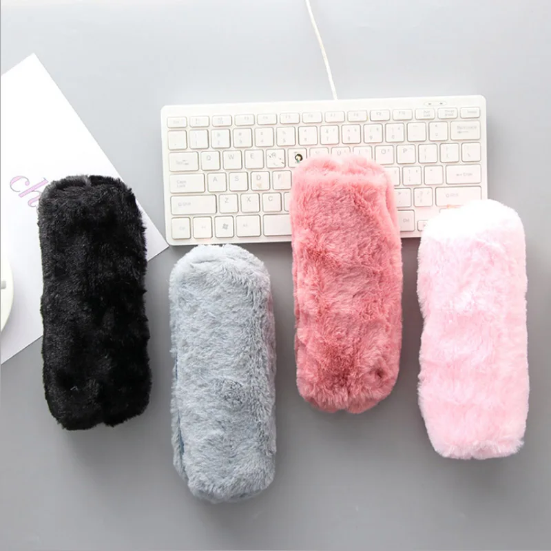 

Pencil Case Solid Color Plush Kawaii Zipper Girl Stationery Bag Papelaria School Supplie Black Pink Blue