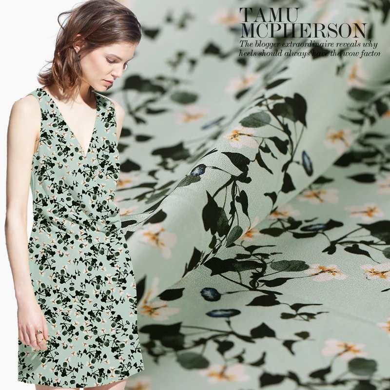 

Green sleek digital printing silk natural crepe DE chine fabric for dress tissus au metre tela tecidos a metro cheap shabby chic