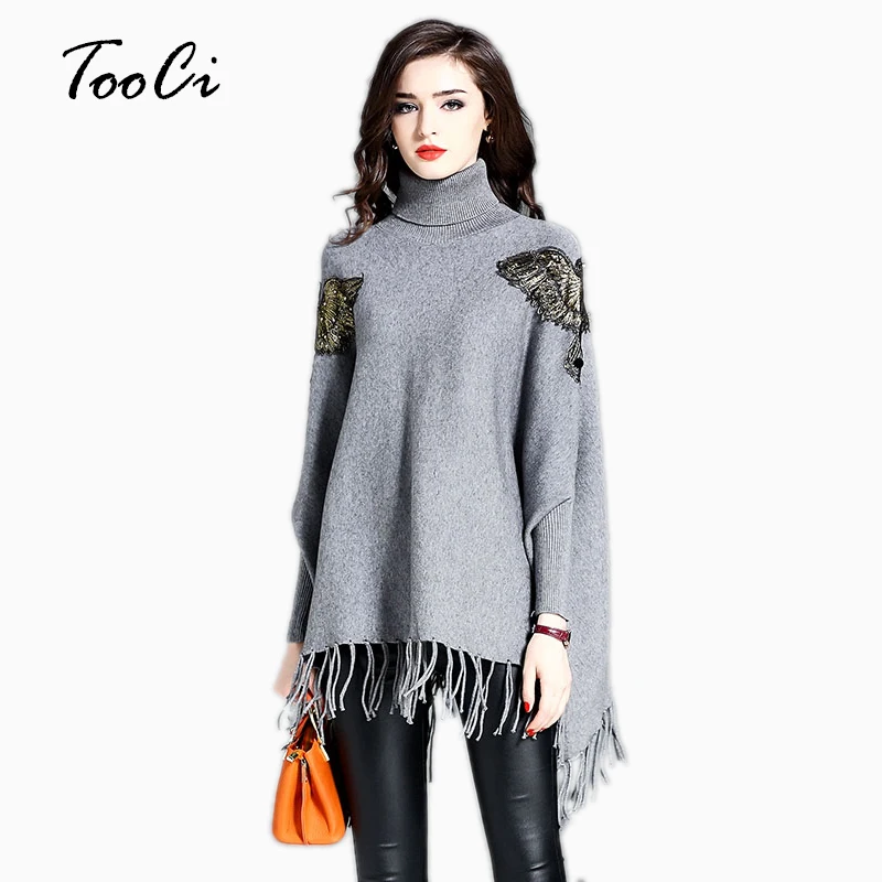 

The Lady New Spring Tassel Cloak Pullover Loose Fashion Gray Knitting High-Necked Bat Sleeve Sweater Tassel Knit Shawl Cape