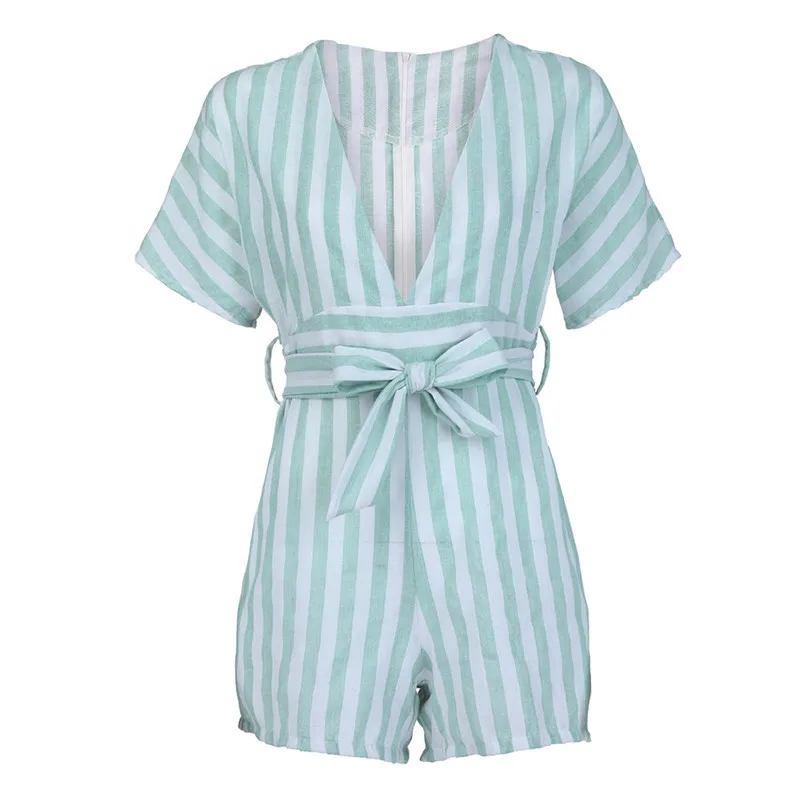 Fashion summer jumpsuit woman 2018 Deep V-neck Short Sleeved Rompers Striped casual Playsuit Jumpsuit pantaloni siamesi A02#N (3)