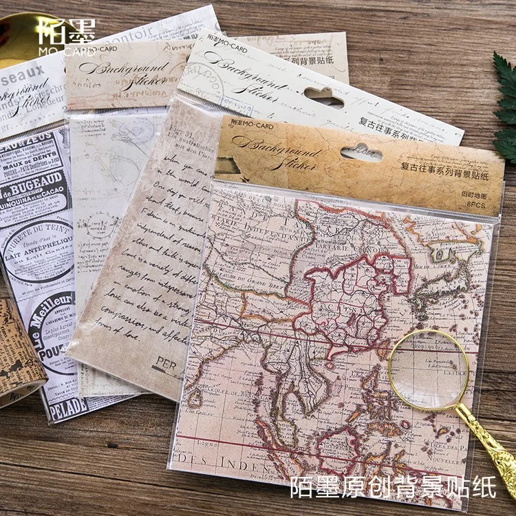 

8pc/pack Vintage Times newspaper/Da Vinci notes/Map/Memory Decorative Sticker DIY Scrapbooking Label Diary Album Sticker Escolar