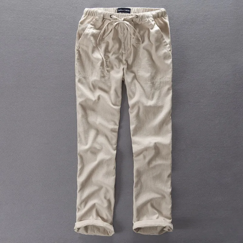 Мужские штаны из льна и хлопка полная длина летняя просторная легкая Повседневная льняная брюки мужские удобные домашние штаны для отдыха мужские PT-196 - Цвет: light khaki