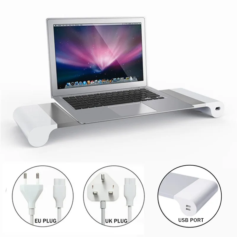 New-UK-EU-Plug-Notebook-Stand-Aluminium-Laptop-Stand-Holder-Computer-Monitor-TV-Stand-USB-Charger