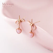 Modian Vintage patrón Swing Rosa corazones Stud pendientes moda clásica 100% Plata de Ley 925 Bowknot joyería para regalo de las mujeres