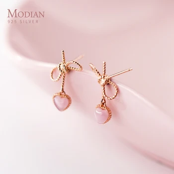 

Modian Vintage Pattern Swing Pink Hearts Stud Earrings Classic Fashion 100% 925 Sterling Silver Bowknot Jewelry For Women Gift