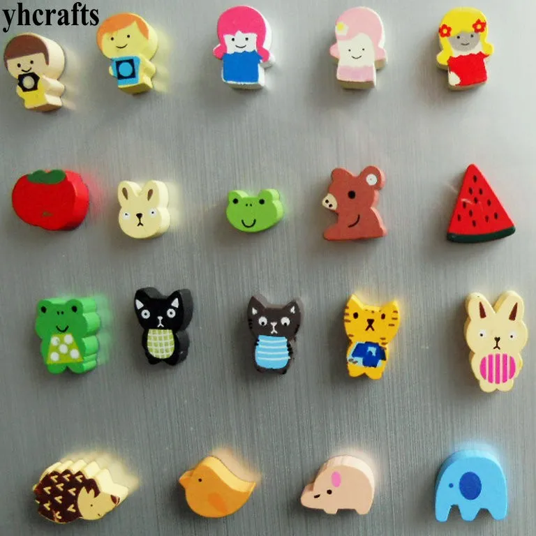 

95PCS/LOT.Wholesale mix 19 design 2cm animals fruit wood fridge magnet Kids toys.Decorative family fun Children diy crafts OEM