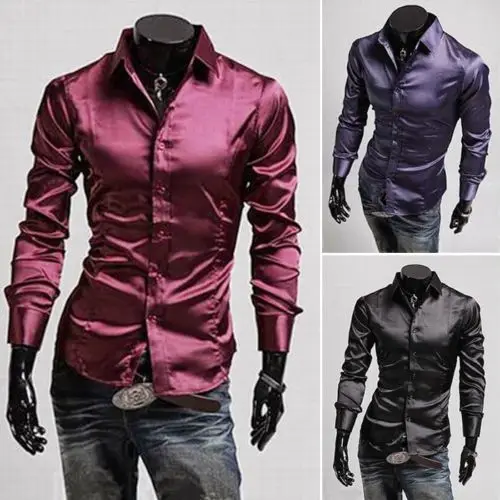 Wholesale Men Fashion Slim Fit Shirt Silk Glossy Long Sleeve Dress Shirts Tee Tops 3 Color Brand YsiLy/C54censan