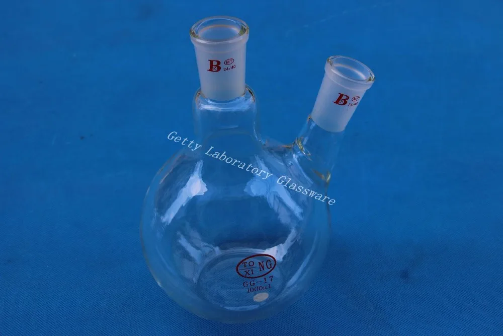 Перегонная колба мл(1L) 2-neck(two-neck) плоское дно 24/40, 1000, тяжелая стена(Pyrex стекло meterial