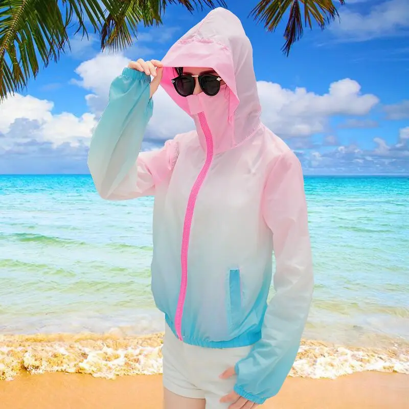 discount  2019 new Summer fashion rainbow color Sun UV Protection women Clothing Female Hooded Jacket Thin Br