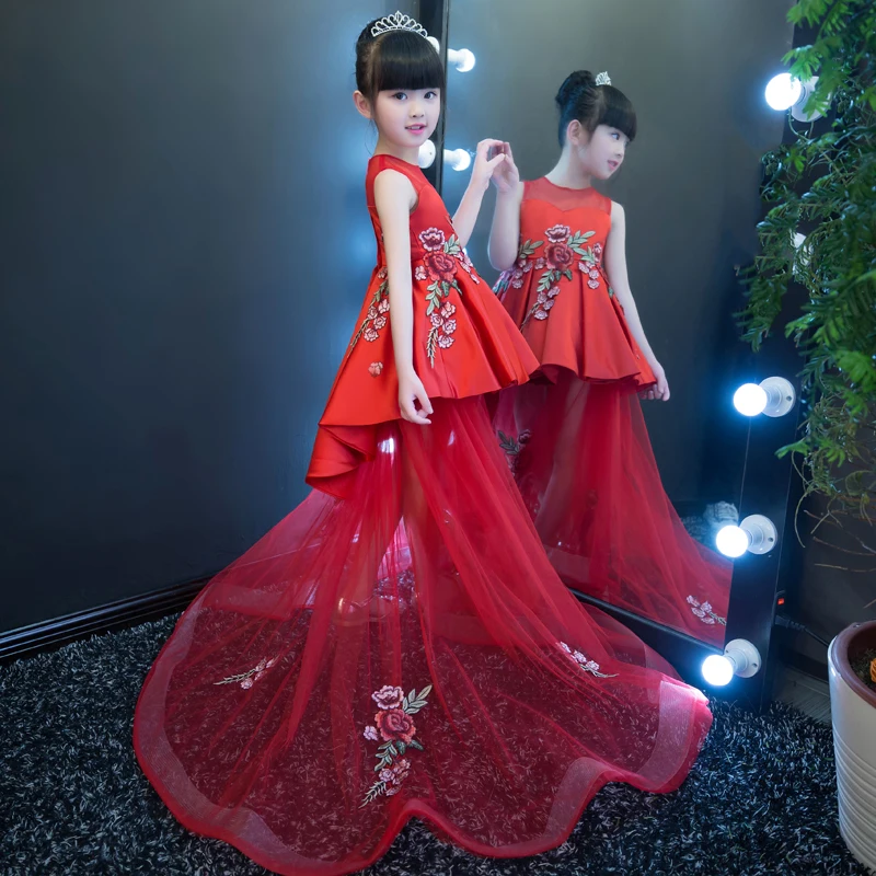 

Trailings Princess Dress Long Evening Party Children Costume Red Flower Girls Dresses Sleeveless Ball Gown Kids Pageant A98
