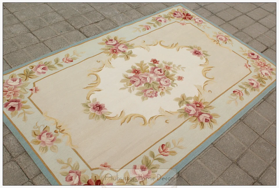 3x5 Aubusson Area Rug BLUE w CHIC PINK ROSES Fine Flat Weave Handmade