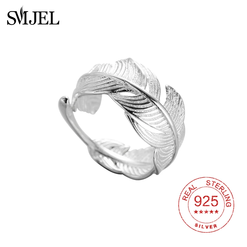 

SMJEL 925 Sterling Sliver Vintage Leaf Rings For Women Boho Wedding Ring Feather Jewelry Wholesale Anillos